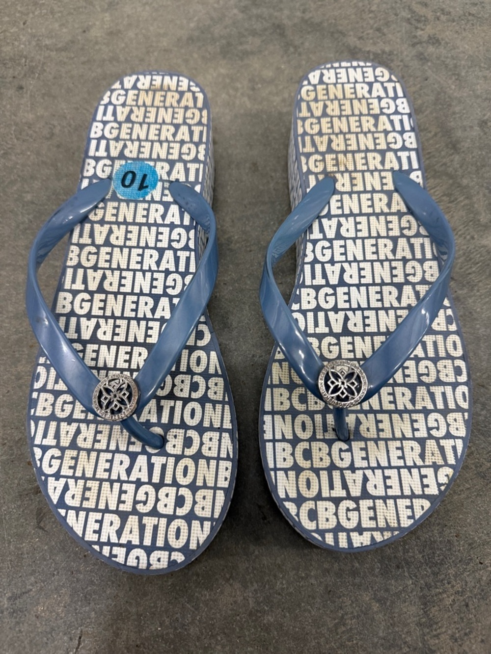 BCBGeneration Navy and White Logo-Print Flip Flops with Blue Straps